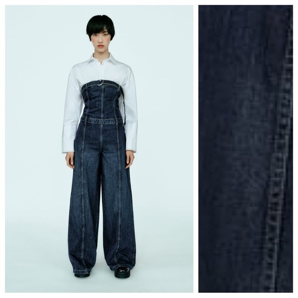 Zara Pants - NWT. Zara Navy Blue Strapless TRF Denim Jumpsuit. Size XS.